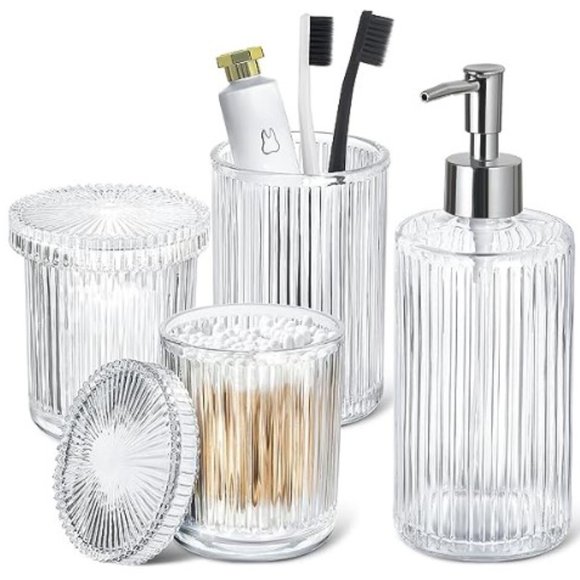 RYTOXILO Other - 4 pc - Ribbed Glass Bathroom Accessory Set  (Clear)